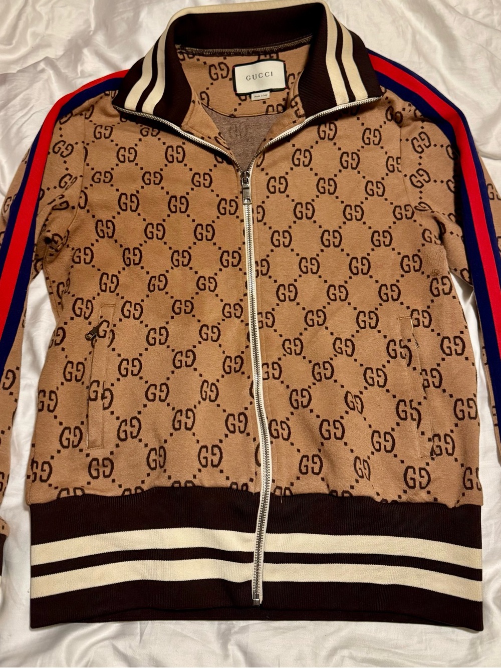 Gucci Brown GG Logo Track Jacket with Red & Blue Sleeve Stripes
